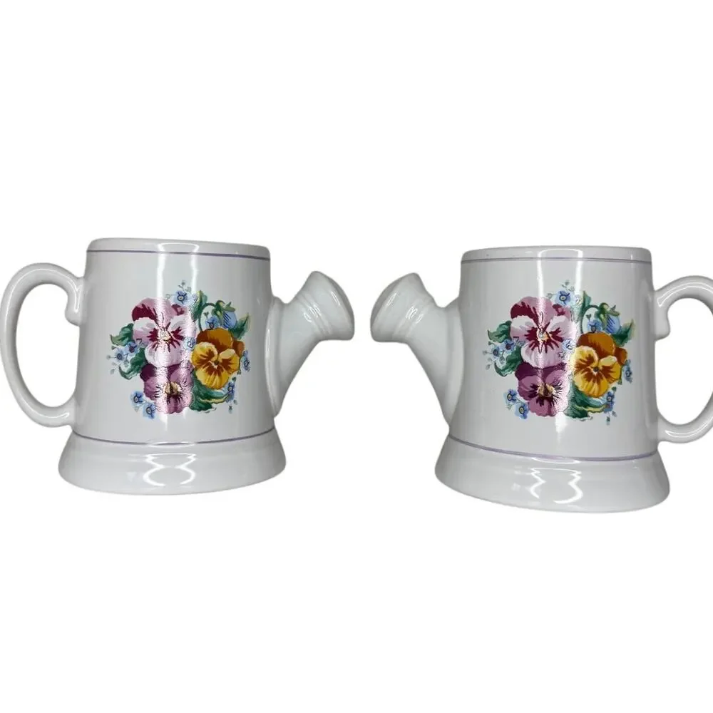 Hallmark Watering Can Mug Set Floral Garden Coffee Tea Cups Pair Vintage